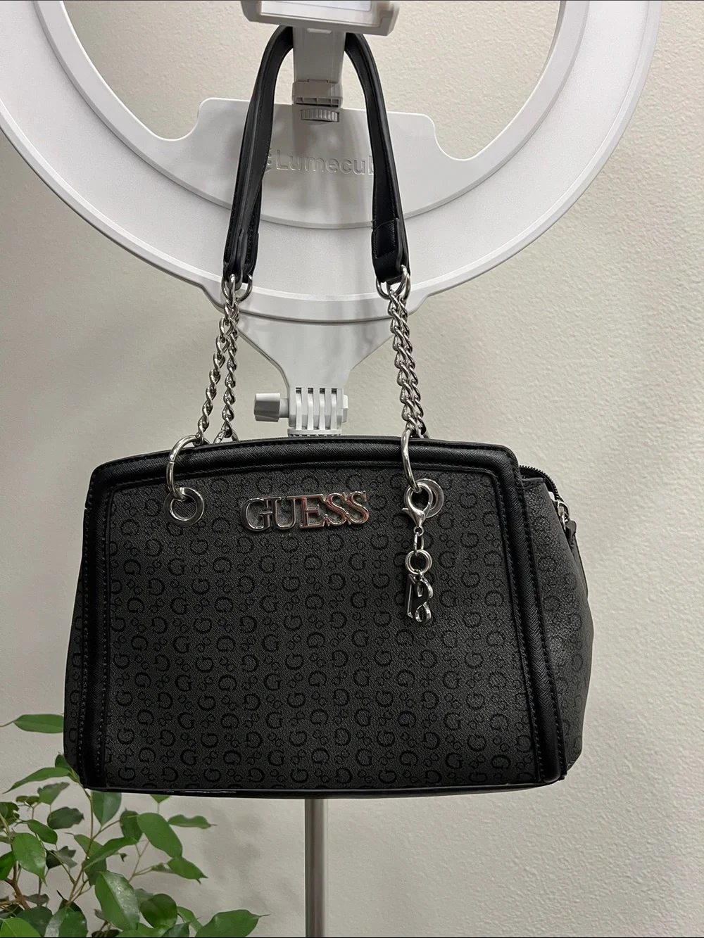 GUESS Black Logo Satchel with Silver Chain Handles